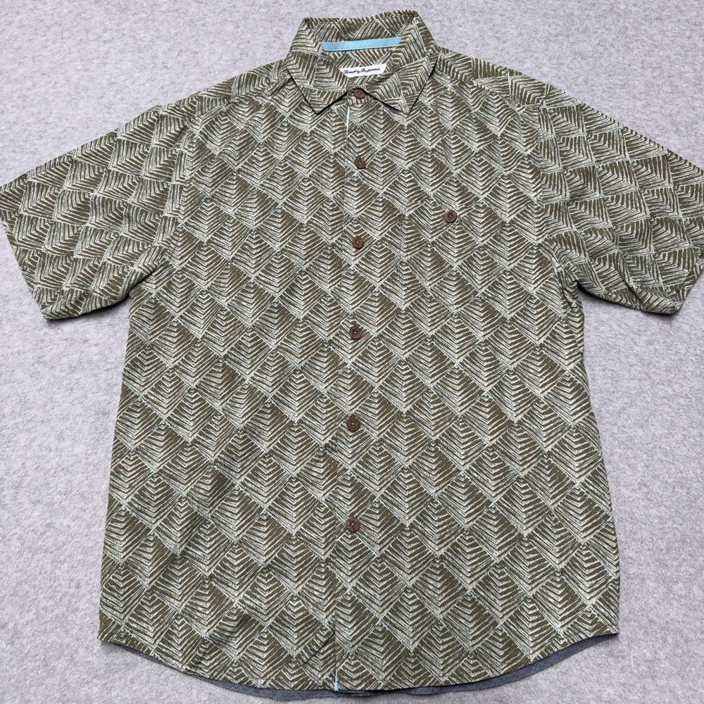 Tommy Bahama Silk Shirt Mens Small Green Geometric Short Sleeve Button Up Casual